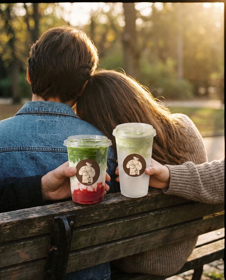 Two friends on a park bench at golden hour, each with an iced matcha
