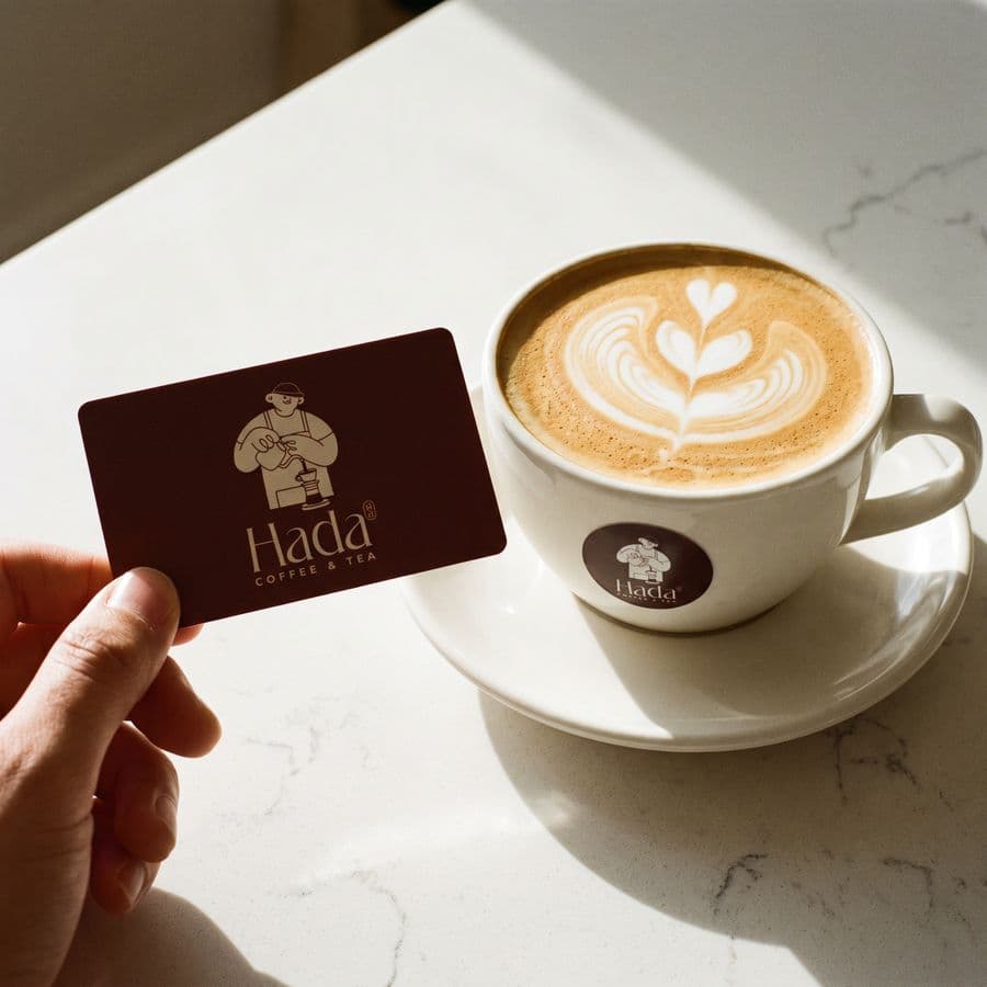 A hand holding a Hada gift card beside a hot latte
