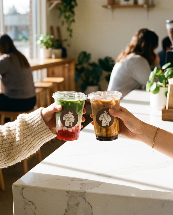 Two hands clinking an iced strawberry matcha and an iced Okinawa latte over the counter