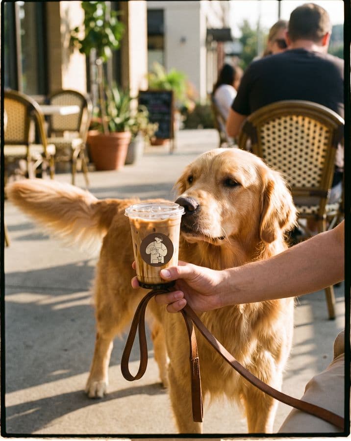 A golden retriever sniffing an iced latte on a sunny patio