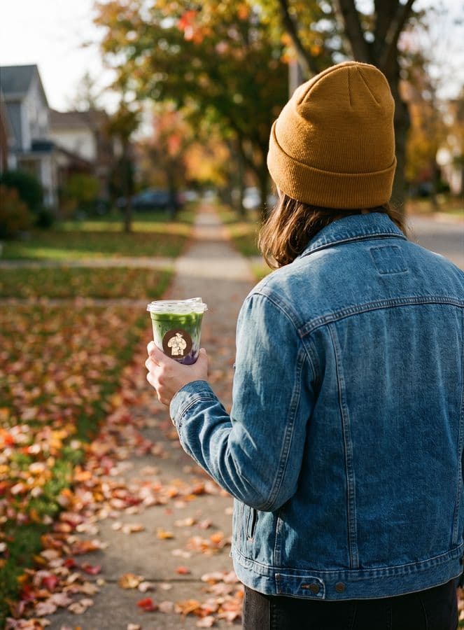Someone in a mustard beanie walking down an autumn street with an iced ube matcha